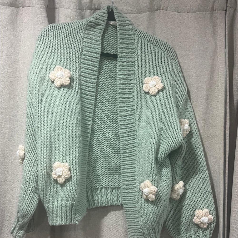 Maeve Mint Green Chunky Knit Cardigan with Cream Floral Appliques